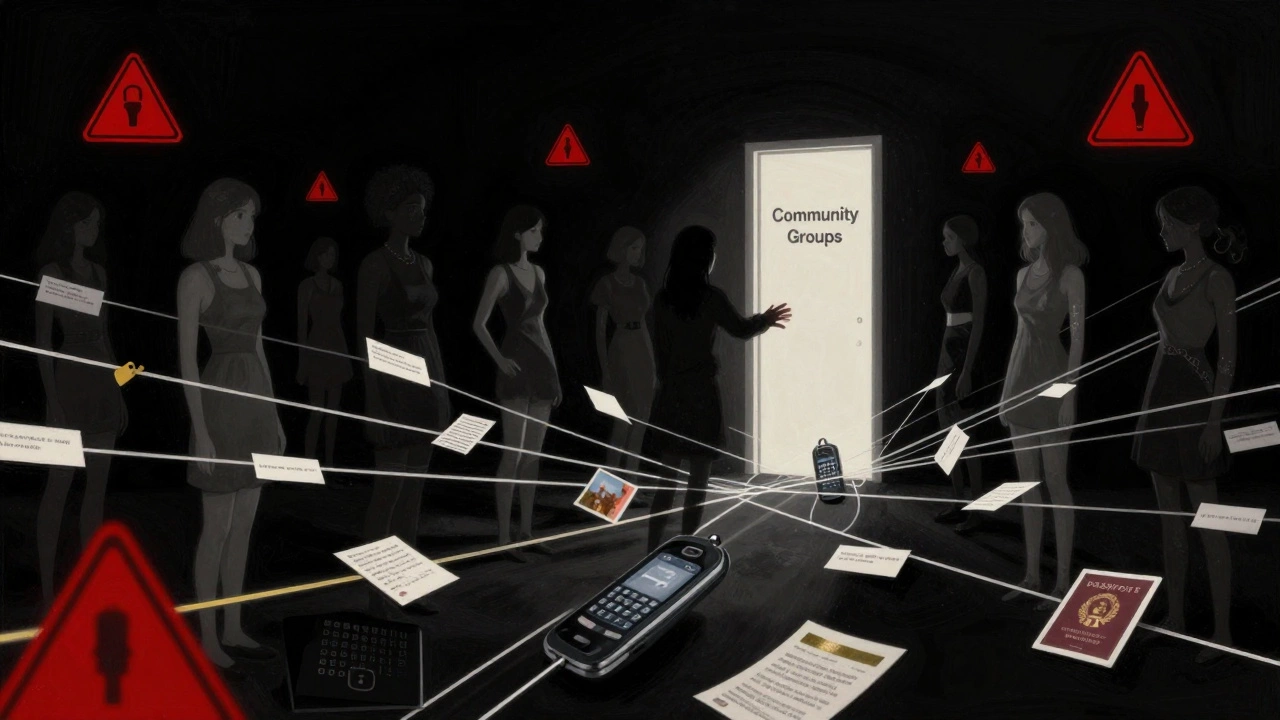 A dark web of digital messages and personal items surrounds faint silhouettes of women, with one path leading to light.