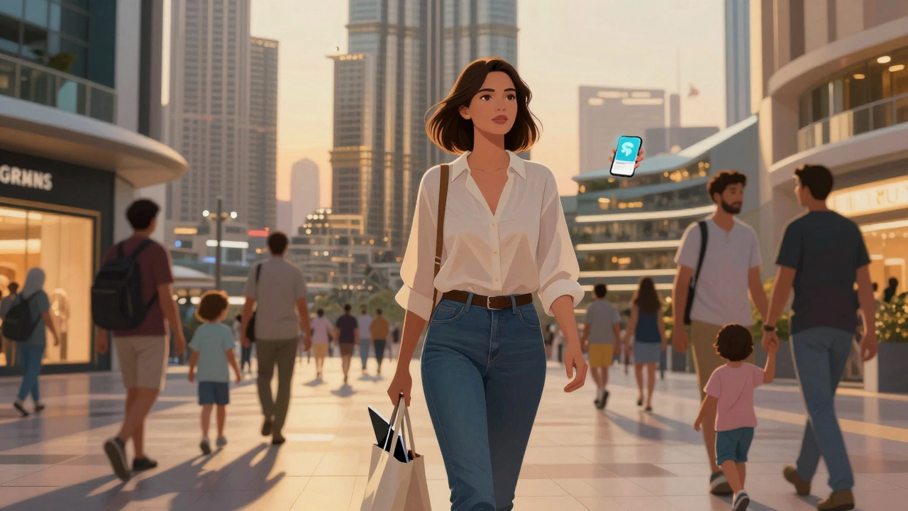 A woman walks through a busy Dubai mall, her phone showing a discreet notification as families pass by in the background.